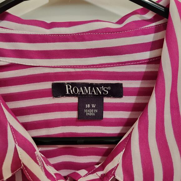 Roaman's Classic Long Sleeve Button Up Pinstriped Boyfriend Shirt Pink Size 18W - Picture 7 of 9